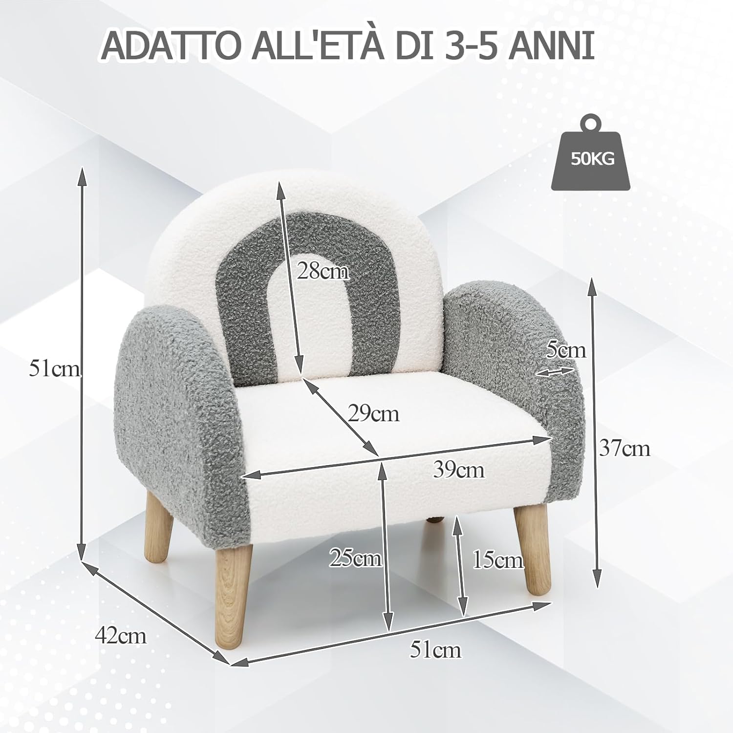 Divano Sedia per Bambini con Tessuto Morbido, Sedia Imbottita con Schiuma ad Alta Elasticità Gambe in Legno Massiccio, Adatta per Asilo Sala, Giochi Camera (grigio)