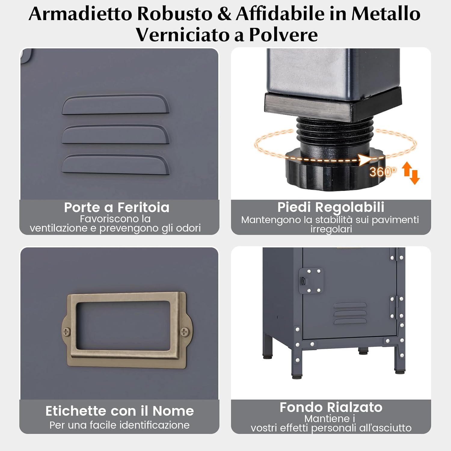 Armadio in Metallo con 3 Porte Chiudibili, Piedini Regolabili, Dispositivo Anti-Ribaltamento, Armadietto Verticale a 3 Ripiani per Casa, Ufficio, Scuola e Garage, 30 x 35 x 100 cm