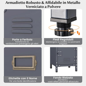 Armadio in Metallo con 3 Porte Chiudibili, Piedini Regolabili, Dispositivo Anti-Ribaltamento, Armadietto Verticale a 3 Ripiani per Casa, Ufficio, Scuola e Garage, 30 x 35 x 100 cm