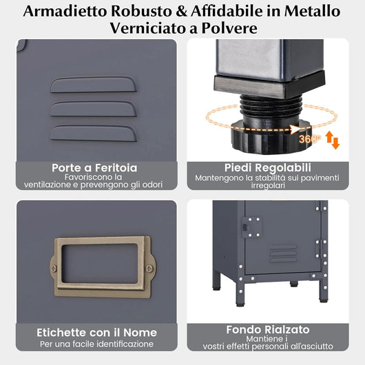 Armadio in Metallo con 3 Porte Chiudibili, Piedini Regolabili, Dispositivo Anti-Ribaltamento, Armadietto Verticale a 3 Ripiani per Casa, Ufficio, Scuola e Garage, 30 x 35 x 100 cm
