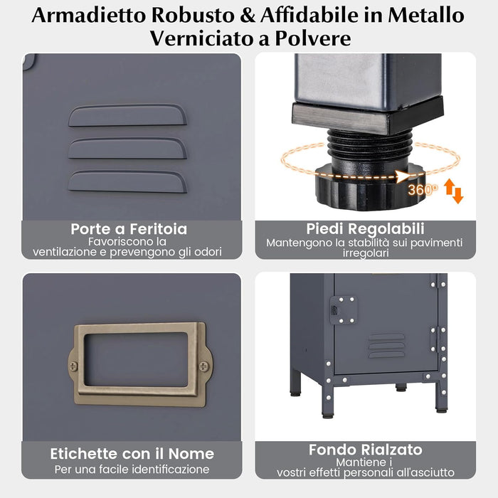 Armadio in Metallo con 3 Porte Chiudibili, Piedini Regolabili, Dispositivo Anti-Ribaltamento, Armadietto Verticale a 3 Ripiani per Casa, Ufficio, Scuola e Garage, 30 x 35 x 100 cm