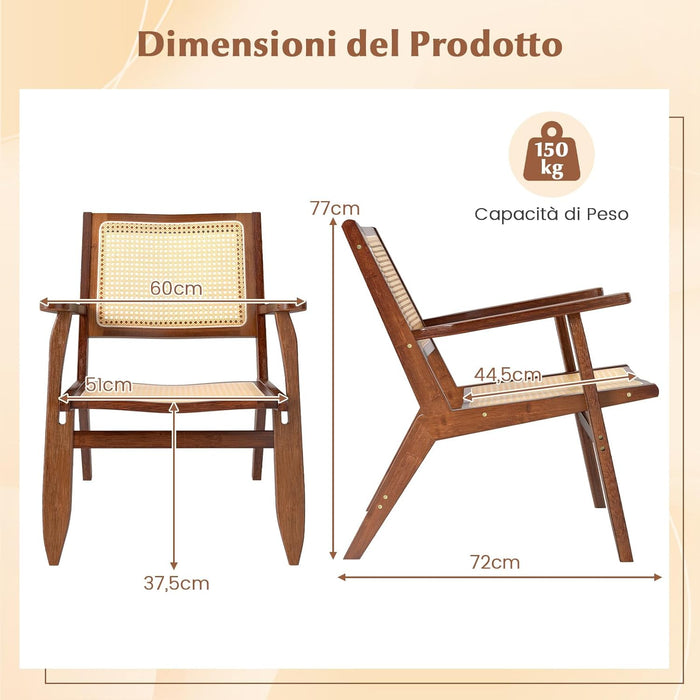 Poltrona Lounge, Poltrona Ergonomica in Rettan e Bambù con Schienale e Braccioli, Portata 150 kg, Sedia Bohemien per Soggiorno, Camera da Letto e Studio
