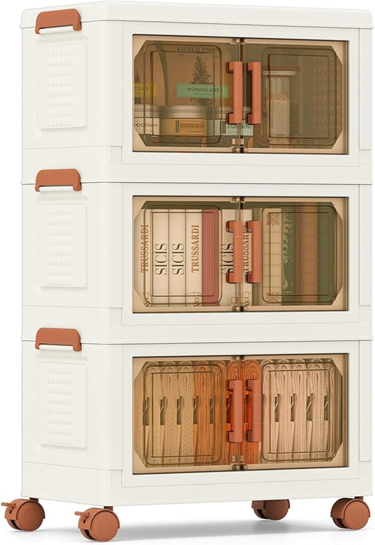 Contenitori Pieghevoli con Coperchio, Set da 4/3 Scatole di Plastica Impilabili con Ruote, per Organizzatore di Armadio con Porte a Apertura Frontale, Multiuso (43,5 x 25 x 72,5 cm)