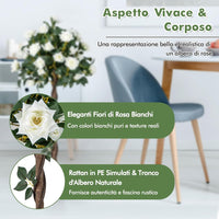 Pianta Floreale Finta 120 CM, Albero di Fiori Artificiali con Rose Bianche, Vaso da Vivaio, Pianta in Vaso da Interno per Decorazione Interna per Ufficio e Casa