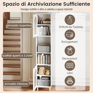 Mobiletto da Bagno, Armadio Alto in Legno con 2 Ante in Vetro Scanalato e Ripiani Regolabile, 35 x 30 x 180 cm, Mobile Salvaspazio per Cucina e Soggiorno