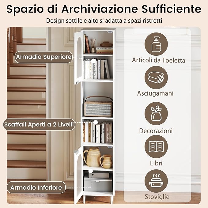 Mobiletto da Bagno, Armadio Alto in Legno con 2 Ante in Vetro Scanalato e Ripiani Regolabile, 35 x 30 x 180 cm, Mobile Salvaspazio per Cucina e Soggiorno