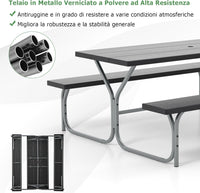 Set Tavolo da Picnic con Panca da 183 cm, Tavolo da Campeggio con 2 Panche per 8 Persone, Foro per Ombrellone, per Giardino, Campeggio, terrazza, Portato Totale 650 kg (Nero)