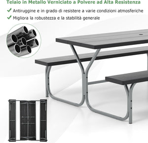 Set Tavolo da Picnic con Panca da 183 cm, Tavolo da Campeggio con 2 Panche per 8 Persone, Foro per Ombrellone, per Giardino, Campeggio, terrazza, Portato Totale 650 kg (Nero)