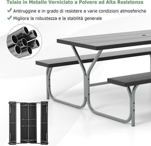 Set Tavolo da Picnic con Panca da 183 cm, Tavolo da Campeggio con 2 Panche per 8 Persone, Foro per Ombrellone, per Giardino, Campeggio, terrazza, Portato Totale 650 kg (Nero)