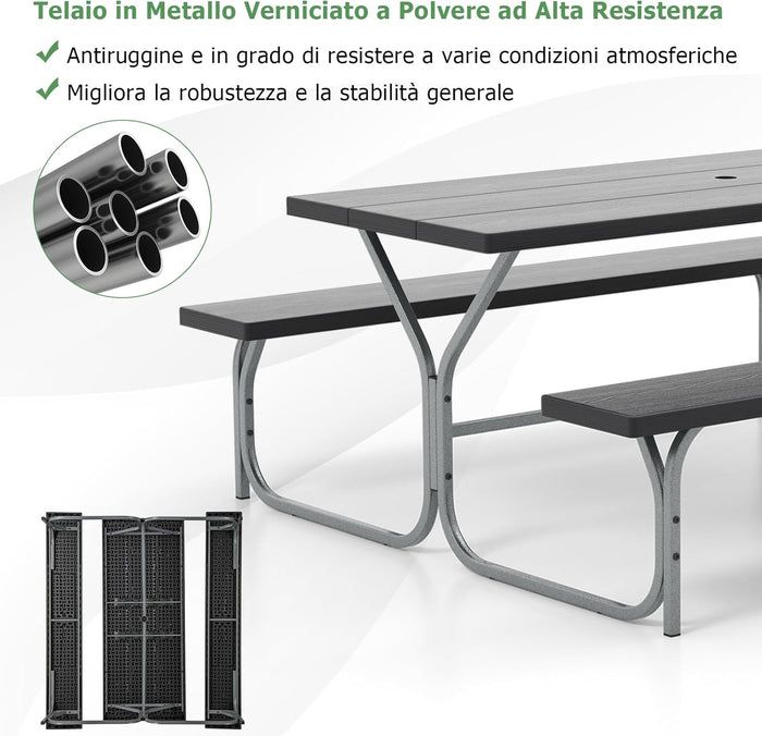 Set Tavolo da Picnic con Panca da 183 cm, Tavolo da Campeggio con 2 Panche per 8 Persone, Foro per Ombrellone, per Giardino, Campeggio, terrazza, Portato Totale 650 kg (Nero)