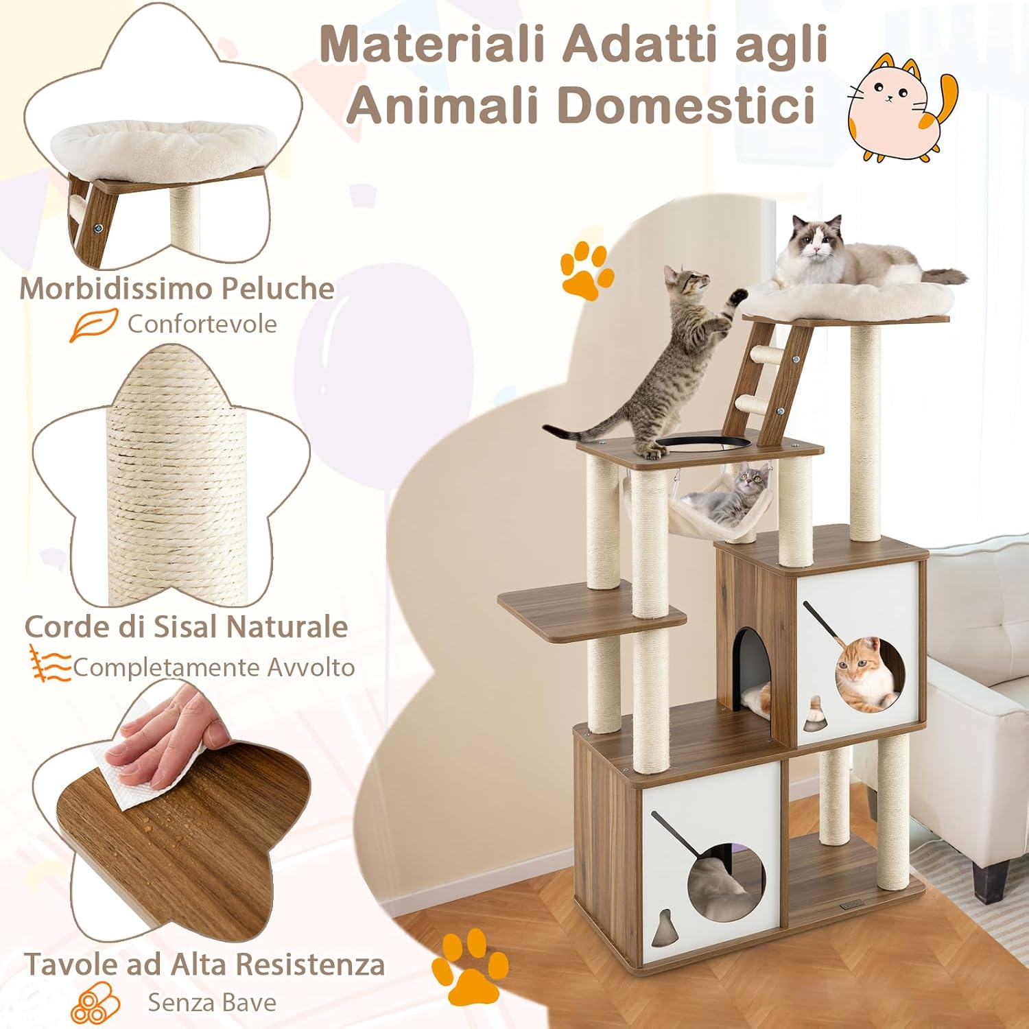 Albero per Gatti da 145 cm, Centro Attività a più Livelli con Tiragraffi, Amaca, Casa, Piattaforma e Cuscino, Tiragraffi da Interno per Gattini