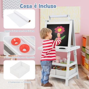 3 in 1 Cavalletto per Bambini con Doppia Faccia, Cavalletto per Disegno con 2 Vassoi e 2 Scatole, Lavagna Bambini in Legno (Bianco)