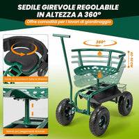 Sgabello per Giardinaggio con Ruote, Carrello da Giardino Regolabile in Altezza con Sedile Girevole a 360, Cuscino, 2 Maniglie di Sterzo e Vassoio Porta Utensili