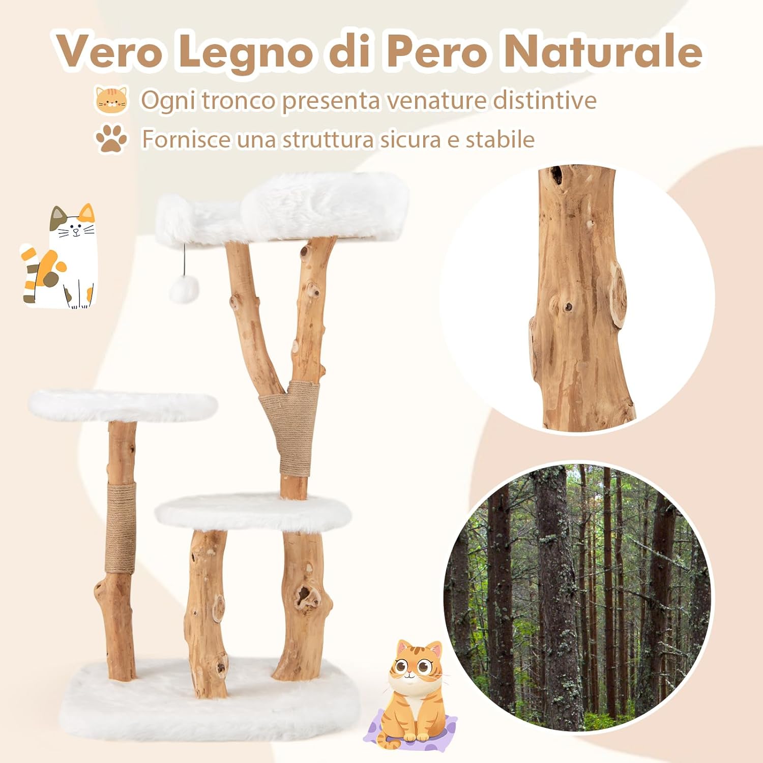 Tiragraffi per Gatti in Legno 110cm, Torre in Peluche Lunga per Animali Domestici con Pali in Corda di Juta Naturale e Palla Pendente, Albero Moderno per Gatti, Bianco e Naturale