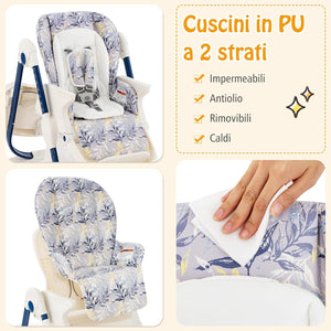 Seggiolone Pappa per Bambini e Neonati, Seggiolone Pieghevole Multifunzione con Ruote, Altezza Regolabile, Poggiapiedi e Schienale, Vassoio Rimovibile, per 6-36 Mesi (Blu)