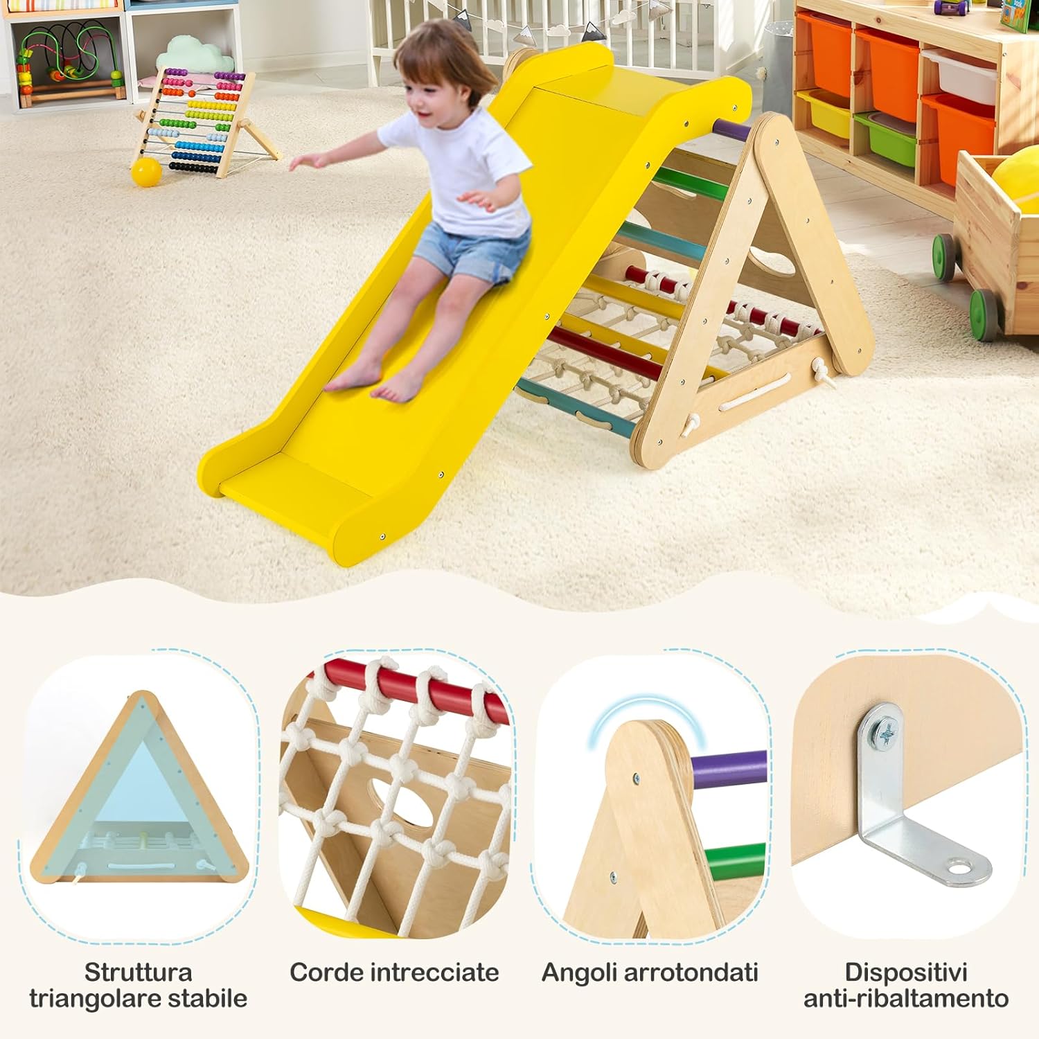 Set 4 in1 Arrampicata per Bambini, Arrampicata a Triangolo con Scivolo, Set di Arrampicata in Legno per Interni e Esterni con Rete di Arrampicata, Carico 50kg, 1 Anni+ (Colorato)