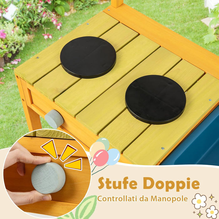 Cucina Giocattolo per Giardino in Legno di Pino, Cucina per Bambini con 2 Fornelli a Manopola, Lavandino e 3 Ganci, Set Cucina con Ripiani Aperti, 75 x 36 x 92 cm (Giallo)