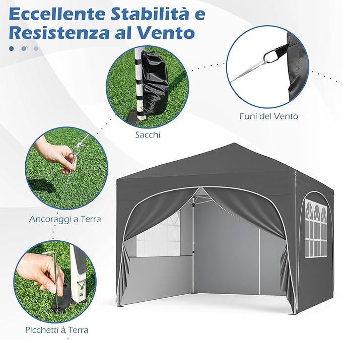Gazebo Piehevole da Esterno 3 x 3 m, Gazebo Regolabile in Altezza con Pareti Rimovibili, Borsa con Ruote, Picchetti, Ancoraggi, Corde Vento e Sacchi di Sabbia, Tendone per Giardino (Grigio)