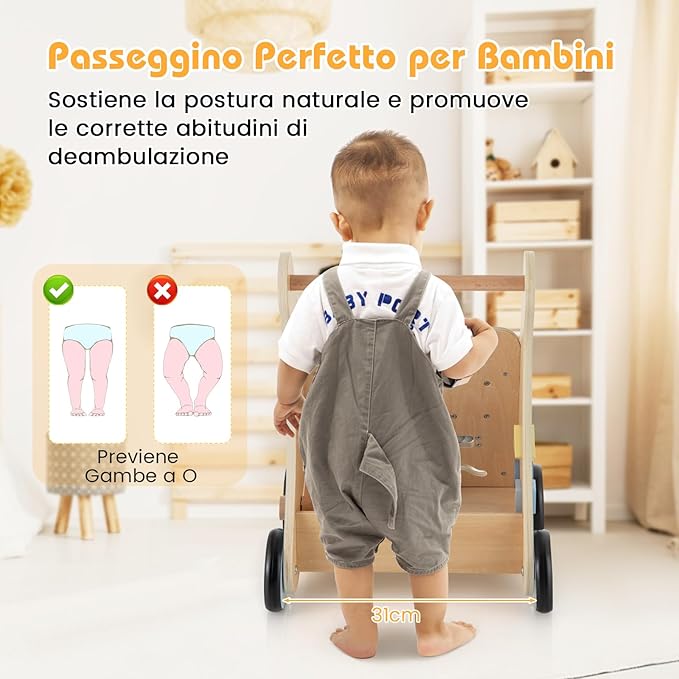 2 in 1 Girello Neonato in Legno, Carrello Primi Passi per Bambini, con Giocattoli Montessori, Scomparto Portaoggetti, per Bambini 3+ Anni