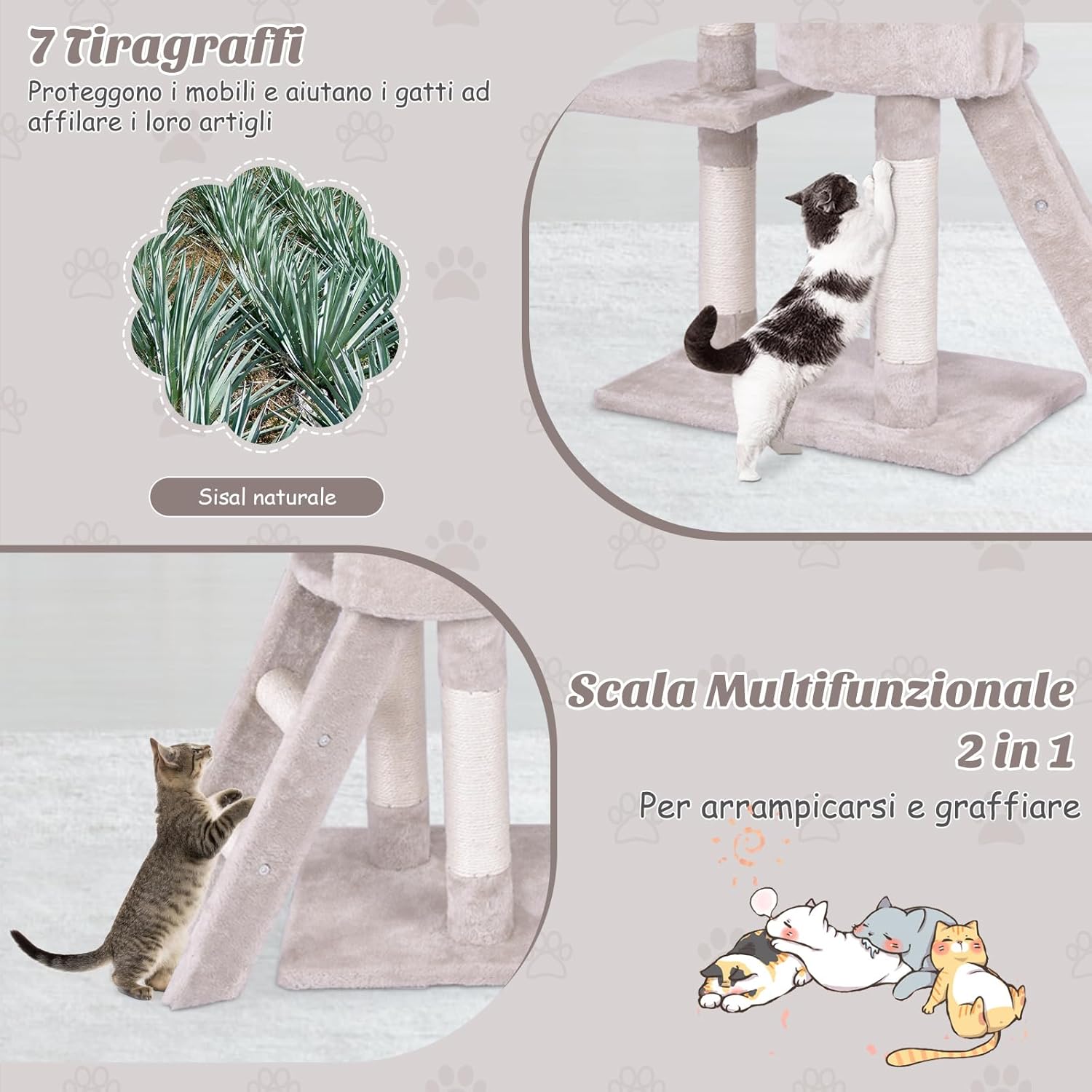 Tiragraffi per Gatti Alto 140 cm, Albero Tiragraffi Gatto con Tiragraffi in Sisal, Cesto, Piattaforma, Scala e Palline Pendenti, Torre Multi-Livello per Gatti da Interno