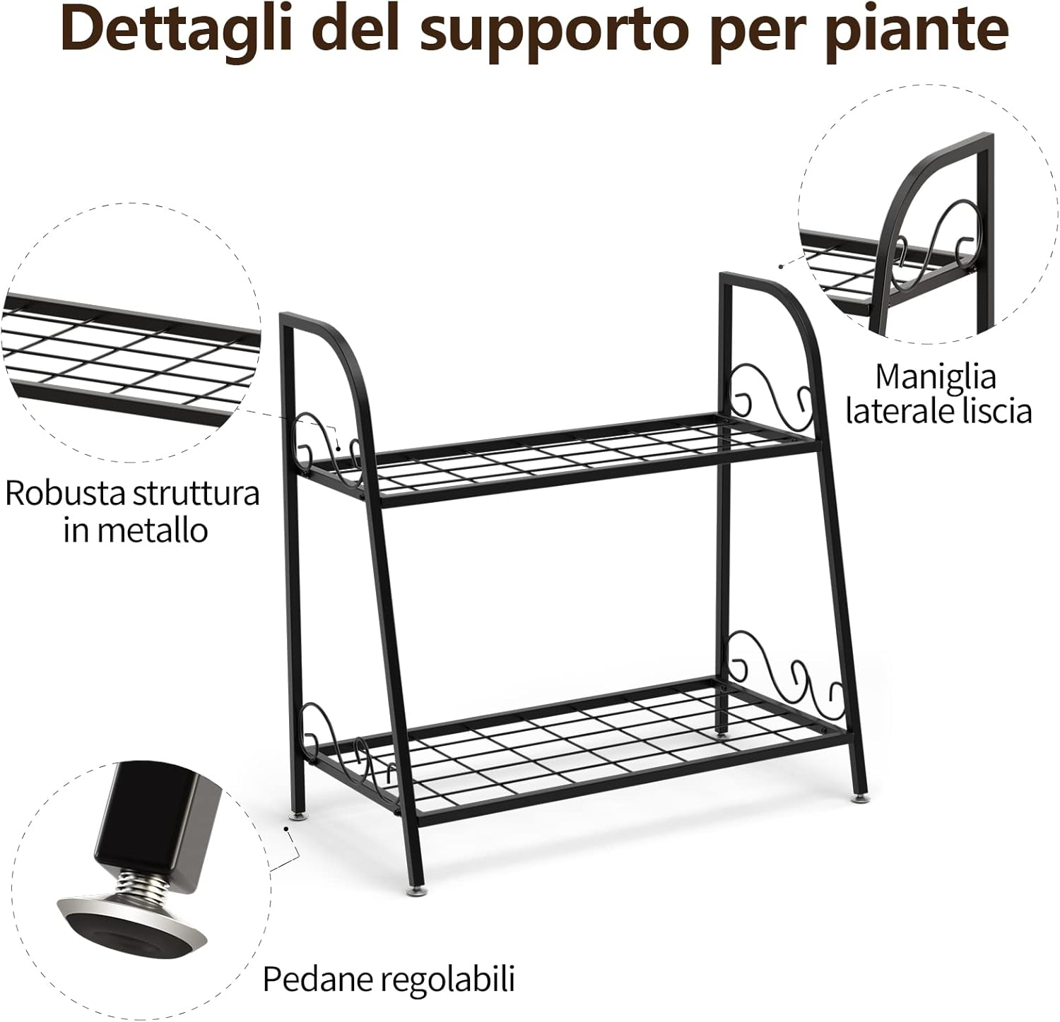 Scaffale Portafiori a 2 Ripiani, Porta Piante da Esterno e Interno a Scala, Scaffale Porta Vasi di Metallo per Balcone, Soggiorno e Giardino, Nero