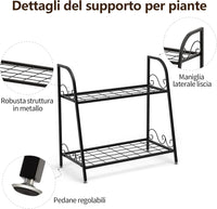 Scaffale Portafiori a 2 Ripiani, Porta Piante da Esterno e Interno a Scala, Scaffale Porta Vasi di Metallo per Balcone, Soggiorno e Giardino, Nero