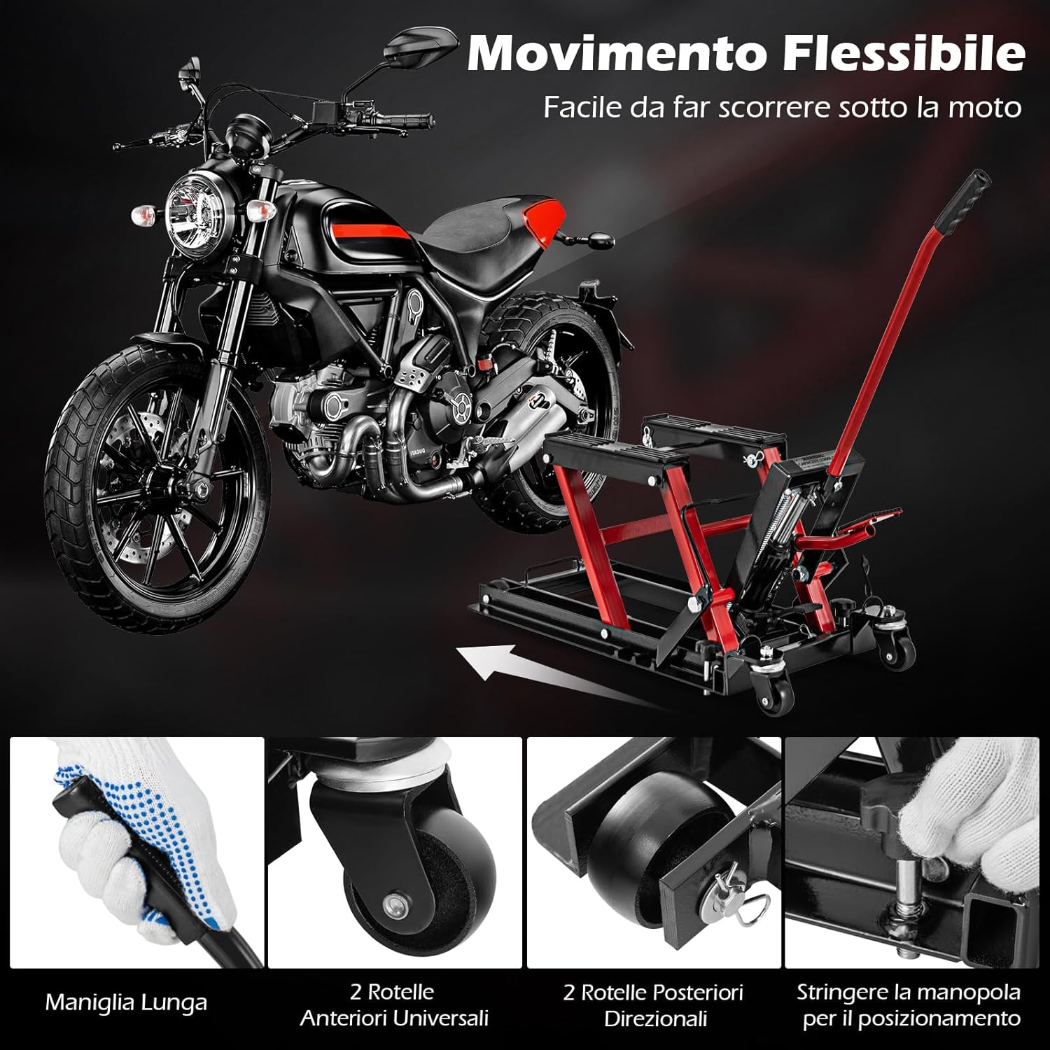 Ponte Sollevatore Idraulico per Moto, Sollevatore Motociclette Fino a 680 kg, Cric Alzamoto con Ruote e Piattaforma Regolabile in Altezza a Pedale Resistente per ATV, UTV per Officina (Rosso)