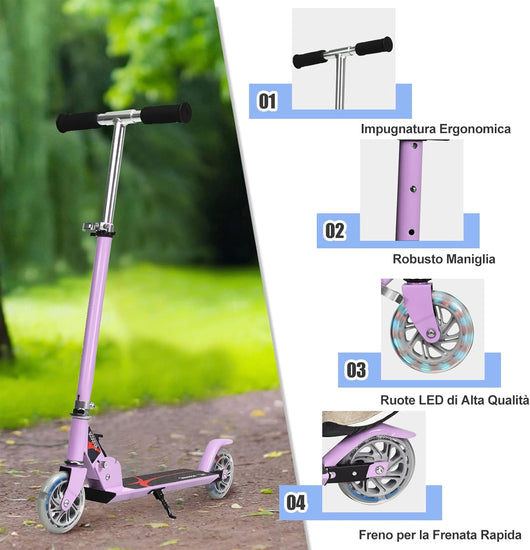 Scooter pieghevole Monopattino per bambini, regolabile in altezza, con 2 ruote lampeggianti, Scelta a colori (Viola)
