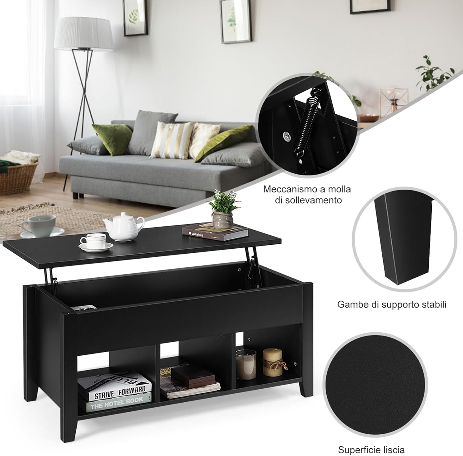 Tavolino da Salotto con Coperchio Sollevabile, Tavolino da Caff¨¨ Moderno Multifunzionale con Altezza Regolabile in Alto e Scompartimenti Nascosti e 3 Mensole Aperte in Basso (Nero)
