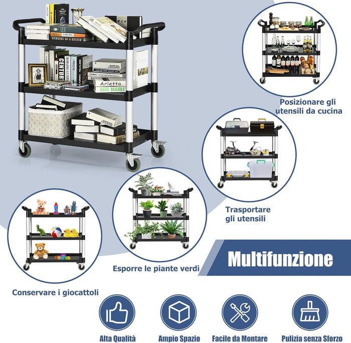 Carrello di Servizio a 3 Ripiani, Carrello Multiuso con Maniglie Ampio Spazio e Ruote Flessibili con Freni, Adatto a Ufficio Ristorante Casa Officina, 103x49x98 cm