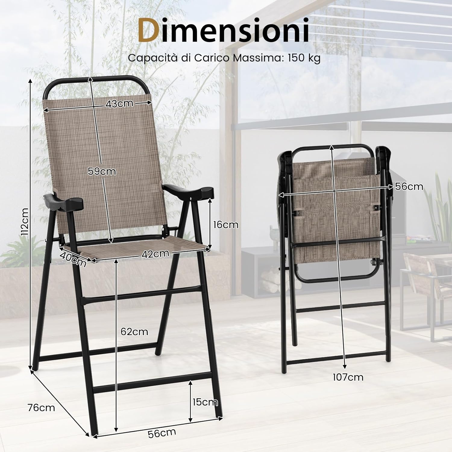 Set di 2 Sgabelli Pieghevoli da Bar per Giardino, Set di 2 Sedie Alte da Bar con Telaio in Metallo e Poggiapiedi, per Balcone, Giardino e Piscina, 56 x 76 x 112 cm (L x P x A)