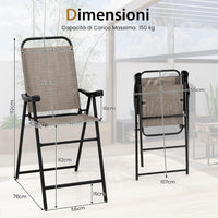 Set di 2 Sgabelli Pieghevoli da Bar per Giardino, Set di 2 Sedie Alte da Bar con Telaio in Metallo e Poggiapiedi, per Balcone, Giardino e Piscina, 56 x 76 x 112 cm (L x P x A)