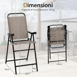 Set di 2 Sgabelli Pieghevoli da Bar per Giardino, Set di 2 Sedie Alte da Bar con Telaio in Metallo e Poggiapiedi, per Balcone, Giardino e Piscina, 56 x 76 x 112 cm (L x P x A)