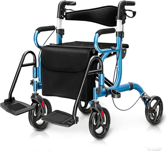 Deambulatore 2 in 1 per Anziani in Alluminio, Rollator Pieghevole e Regolabile in Altezza con Sedia, Schienale Reversibile, Manici Regolabili, Ruote, Poggiapiedi e Borsa Rimovibile (Blu)