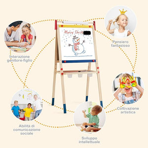 Cavalletto per Bambini 3 in 1, Lavagna Bifacciale, Cavalletto per Disegnare, con Rotolo di Carta, Lavagna Bianca Magnetica, Accessori Completi, in Legno (60x55x(112,5-124,5) cm)