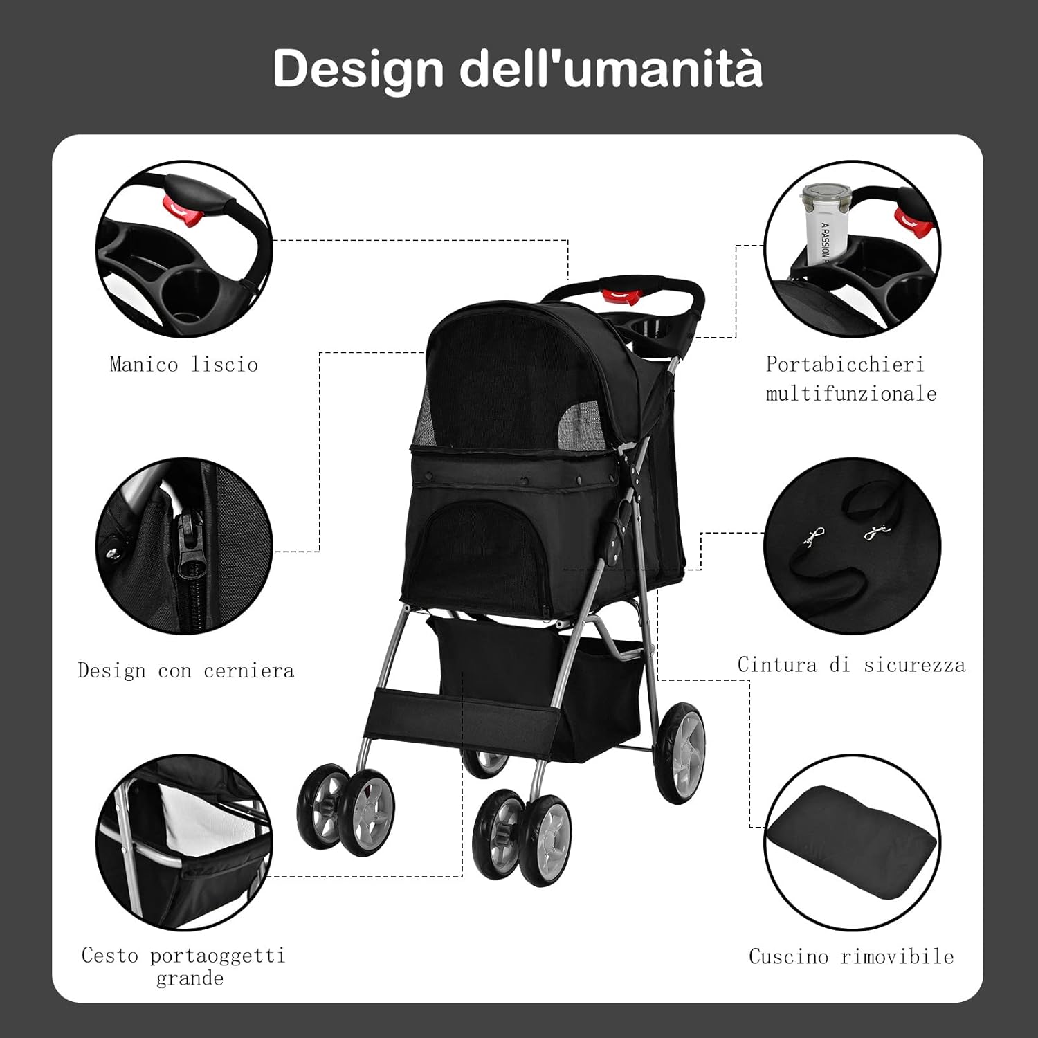 Passeggino per Cani Pieghevole, Carrozzina per Cani a 4 Ruote con Finestra a Rete Porta Bicchiere e Cesto, Passeggino Portatile per Animali Piccola e Media (Nero)