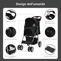 Passeggino per Cani Pieghevole, Carrozzina per Cani a 4 Ruote con Finestra a Rete Porta Bicchiere e Cesto, Passeggino Portatile per Animali Piccola e Media (Nero)