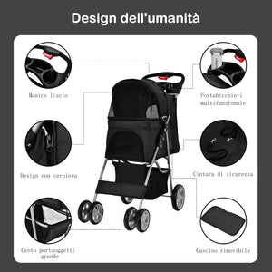 Passeggino per Cani Pieghevole, Carrozzina per Cani a 4 Ruote con Finestra a Rete Porta Bicchiere e Cesto, Passeggino Portatile per Animali Piccola e Media (Nero)