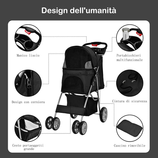 Passeggino per Cani Pieghevole, Carrozzina per Cani a 4 Ruote con Finestra a Rete Porta Bicchiere e Cesto, Passeggino Portatile per Animali Piccola e Media (Nero)