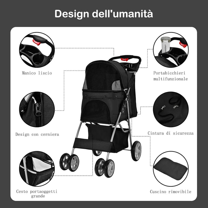 Passeggino per Cani Pieghevole, Carrozzina per Cani a 4 Ruote con Finestra a Rete Porta Bicchiere e Cesto, Passeggino Portatile per Animali Piccola e Media (Nero)