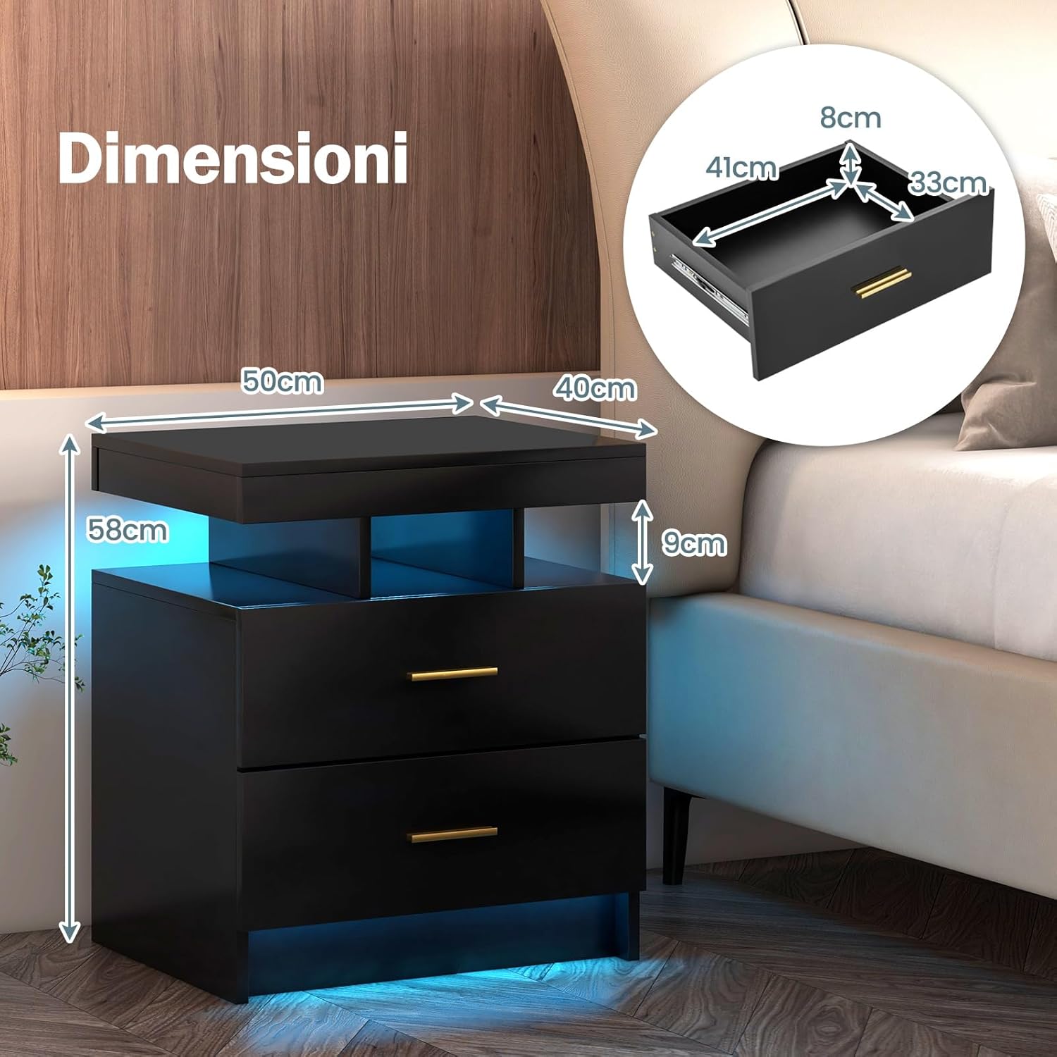 Comodino con Luci LED 50x40x58cm, Tavolino Camera da Letto Moderno con 2 Cassetti, Mobile Cameratta con Telecomando per Soggiorno e Ufficio (Nero)