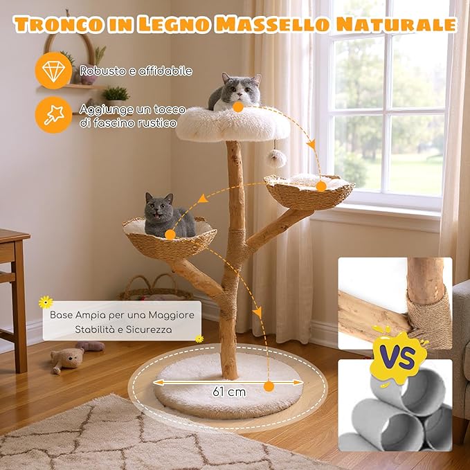 Albero per Gatti, Tiragraffi per Gattini Alta 122 cm con Ramo in Legno con Piattaforma a Fiore, 2 Cesti in Rattan, Pali Tiragraffi in Juta e Pallina Pendente, Mobile per Gatti da Interno
