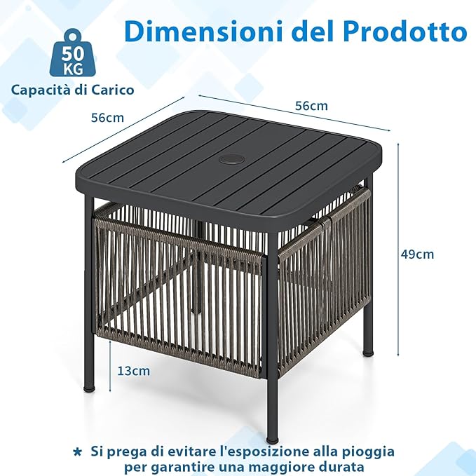 Tavolino da Giardino con Foro per Ombrellone 4 cm, Tavolino da Patio per Veranda, con Gambe in Metallo, Portata 50 kg