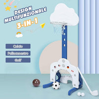 Basket per Bambini Centro attività Multifunzione - Palla Canestro, Calcio e Golf, Mazza da Golf e Palle incluese, per Bambini, Altezza Regolabile (Nuvola Bianca)