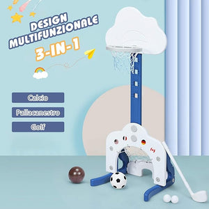 Basket per Bambini Centro attività Multifunzione - Palla Canestro, Calcio e Golf, Mazza da Golf e Palle incluese, per Bambini, Altezza Regolabile (Nuvola Bianca)