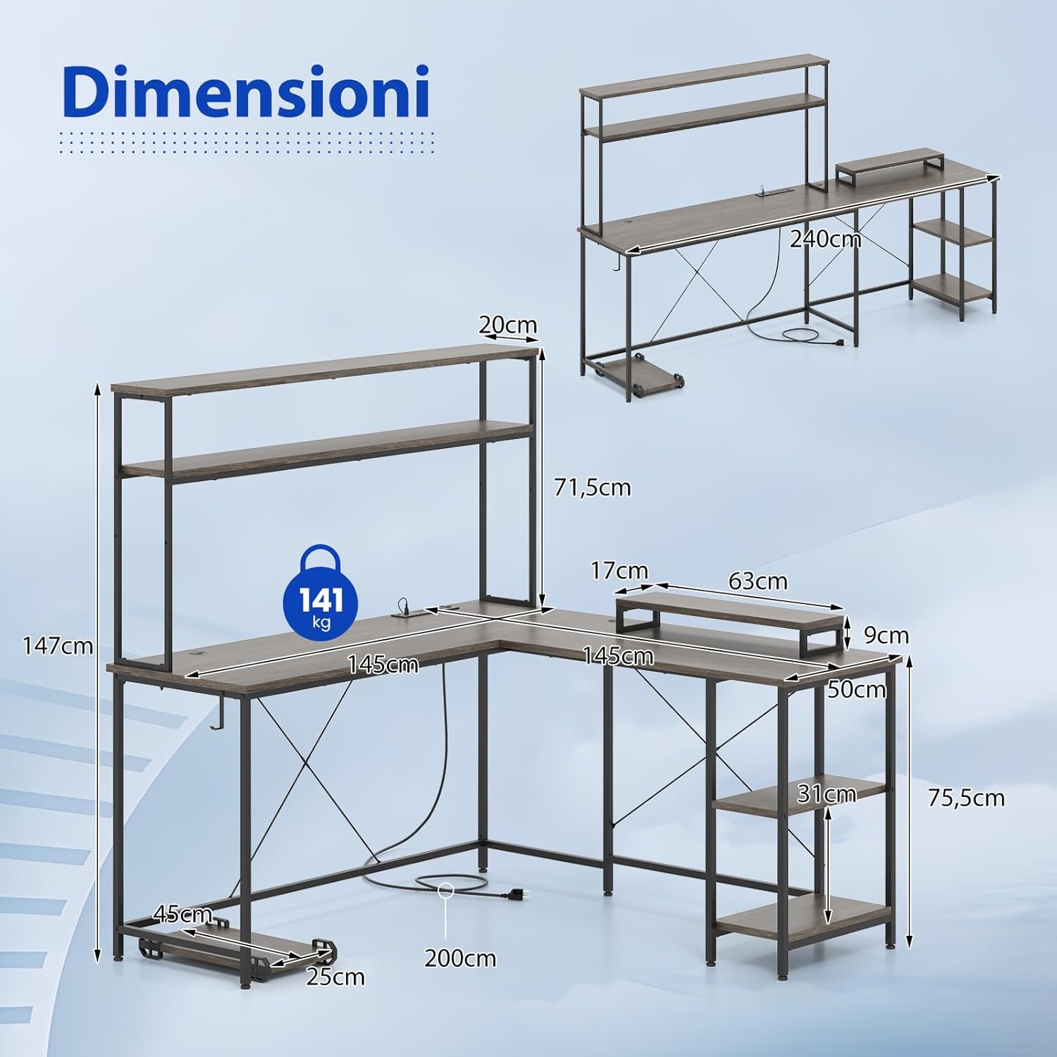 Scrivania per Computer a Forma di L, Tavolo da Gioco con Scaffale Regolabile, Gancio, Supporto per CPU, Striscia LED, Telecomando e Prese di Corrente, Desk per Studiare e Lavorare (Grigio)