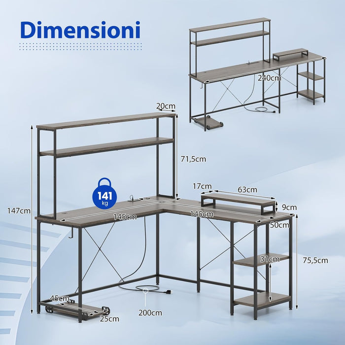 Scrivania per Computer a Forma di L, Tavolo da Gioco con Scaffale Regolabile, Gancio, Supporto per CPU, Striscia LED, Telecomando e Prese di Corrente, Desk per Studiare e Lavorare (Grigio)