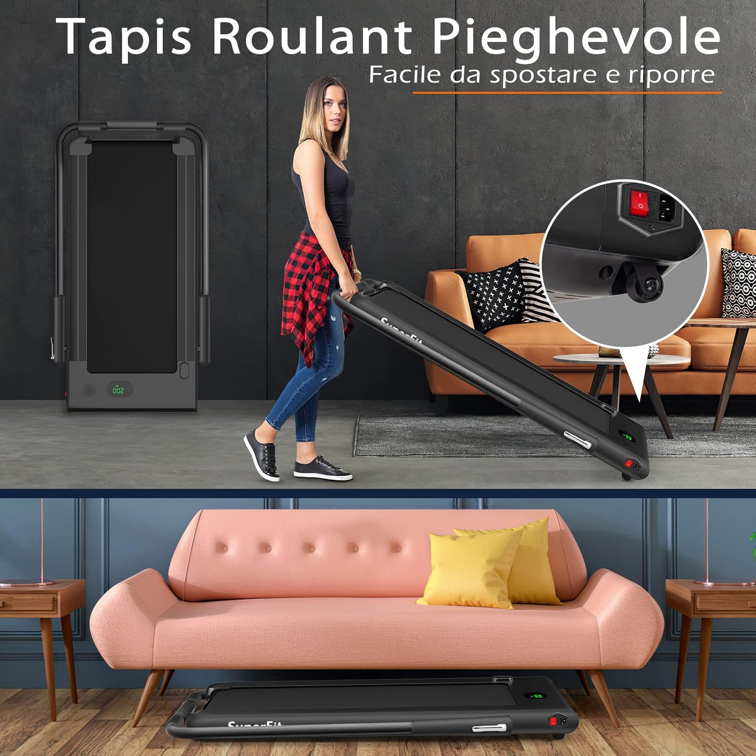 Tapis Roulant 2 in 1, Tapis Roulant Elettrico Pieghevole Salvaspazio da 0,75HP con APP e Telecomando, Supporto per Cellulare, Display a LED e Altoparlante (Nero)