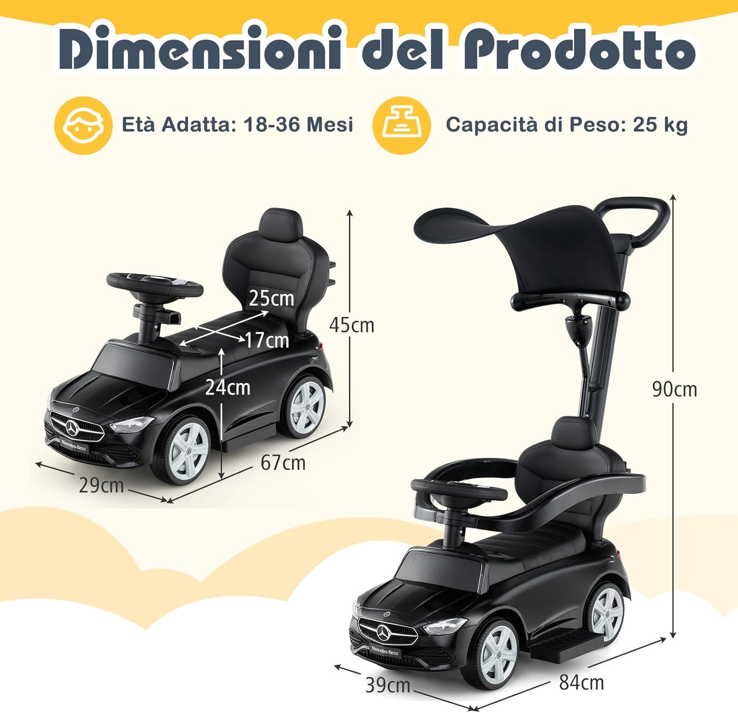 3 in 1 Auto a Spinta, Mercedes-Benz Macchina Cavalcabile, con Schienale Regolabile Suono Barra di Spinta e Tettuccio, per Bambini 18-36 Mesi (Nero)