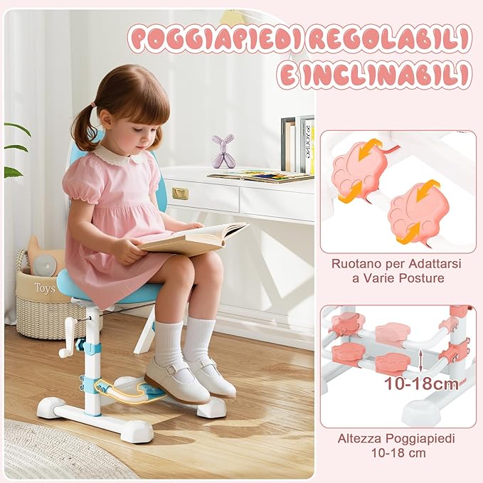 Sedia da Studio per Bambini, Poltrona Ergonomica da Scrivania con Schienale Doppio Regolabile e Poggiapiedi, Sedia Regolabile in Altezza Senza Braccioli per Bambini 3+ Anni (Rosa)
